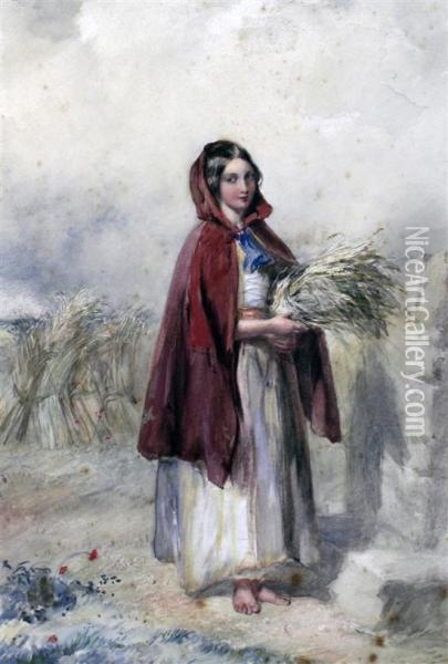 Girl Harvester Wearing A Red Cloak Oil Painting - Paul Falconer Poole