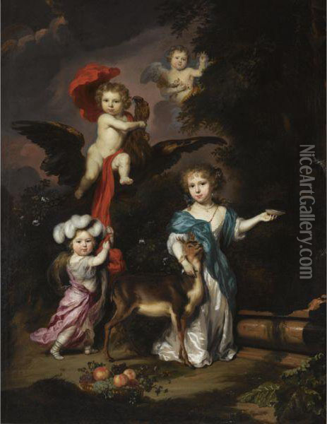 Pastoral Family Portrait Of Four
 Children, Personifying Mythological Figures, Including Ganymede, And 
Diana With A Deer, All In A Landscape Oil Painting - Nicolaes Maes