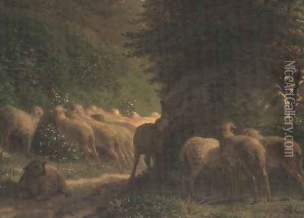 Sheep grazing along a hedgerow Oil Painting - Jean-Francois Millet