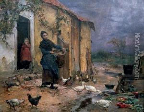 By The Cottage Oil Painting - Evariste Carpentier