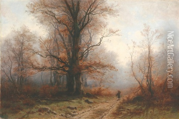 Reisig Sammelndes Kind In Herbstlichem Wald Oil Painting - Gustave Castan
