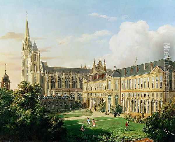 The Abbey Church of Saint-Denis and the School of the Legion of Honour in 1840 Oil Painting - Aline Clement