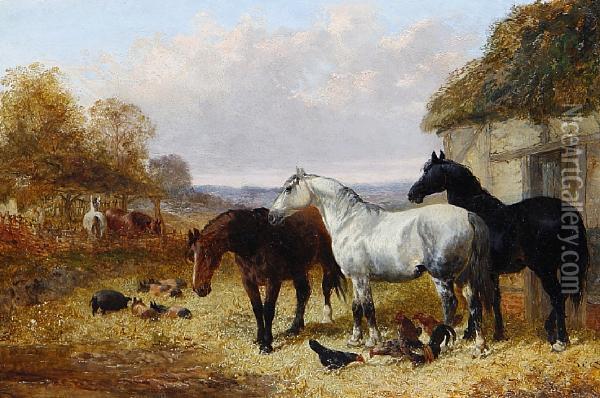 Horses In A Farmyard Oil Painting - John Frederick Herring Snr