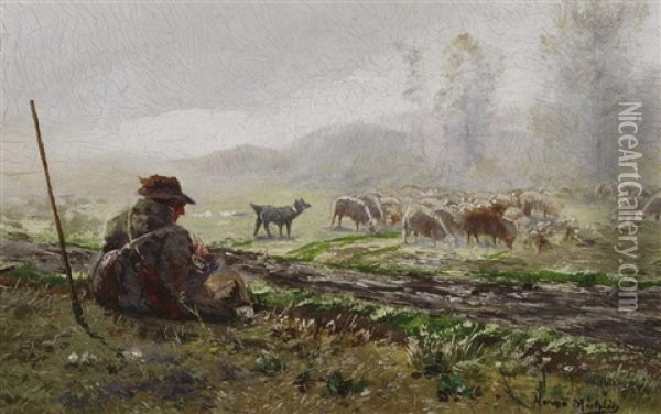 Der Schafhirte Bei Seiner Herde Im Morgennebel Oil Painting - Hugo Muehlig
