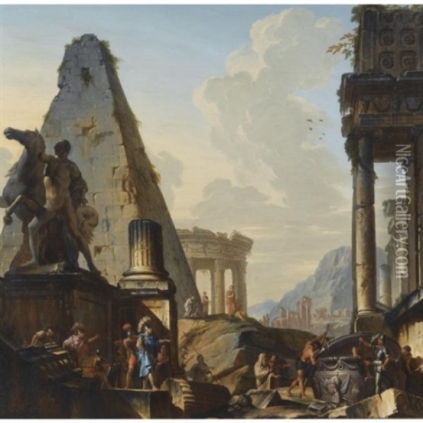 Capriccio Of Classical Ruins With Alexander The Great Opening The Tomb Of Achilles Oil Painting - Jean Nicolas Servandoni