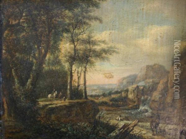 Figures And Animals In A Wooded River Landscape Oil Painting - Anthonie Waterloo