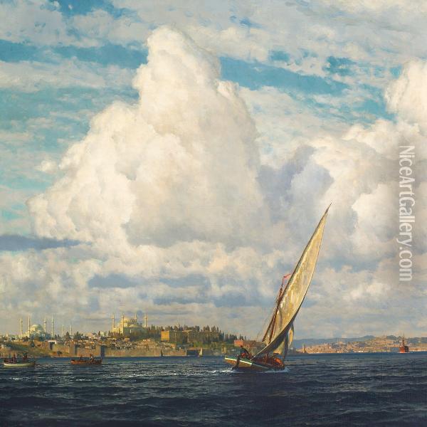 View Of The Bosporus Strait And Istanbul With Hagia Sophia Andthe Blue Mosque Oil Painting - Michael Zeno Diemer