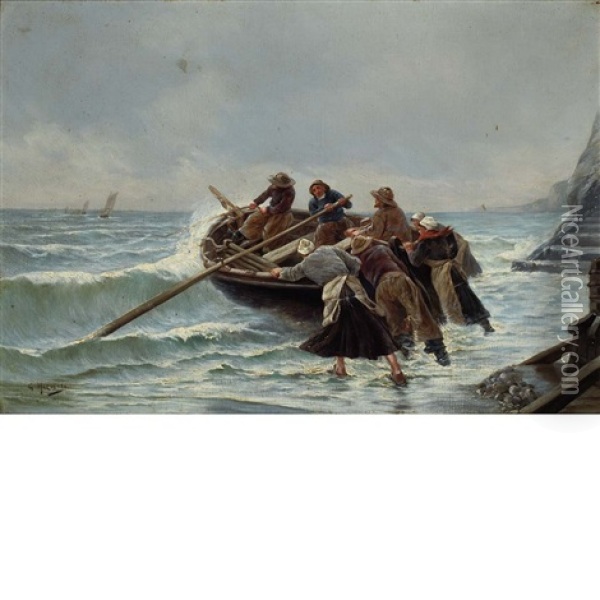 Pushing Out To Sea Oil Painting - Georges Jean Marie Haquette