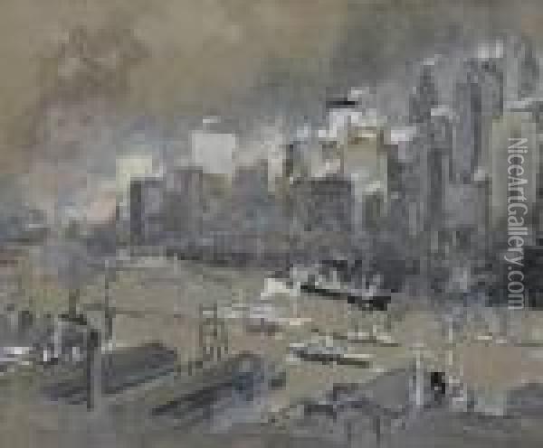 View Of New York From Brooklyn Oil Painting - Joseph Pennell