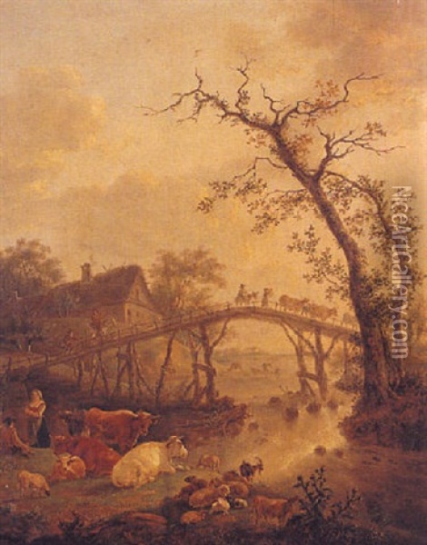 Bergers Et Troupeau Pres D'un Pont Oil Painting - Balthasar Paul Ommeganck