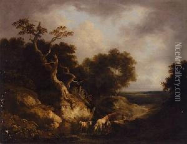 Cattle Walking In A Rocky Stream Oil Painting - Benjamin Barker Of Bath