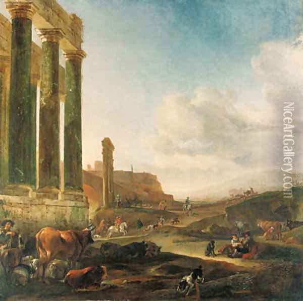 An Italianate landscape with a ruined Doric colonnade Oil Painting - Jan Baptist Weenix