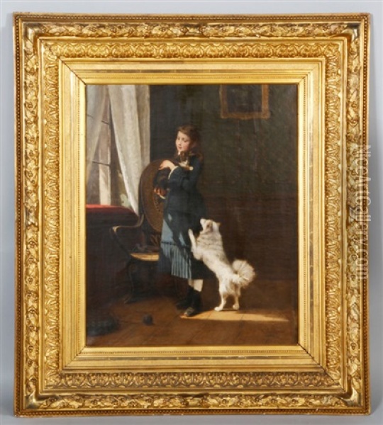 German Girl With Cat And Dog Oil Painting - Hermann Plathner