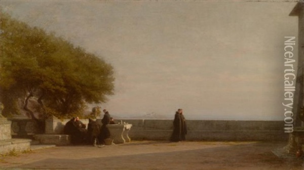 Monche Auf Einer Terrasse Oil Painting - Alfred van (Jacques) Muyden