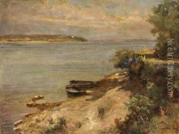 Moored Rowboats Oil Painting - Eugen Karpathy