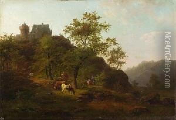 Hugelige Landschaft Mit
 Schloss. Oil Painting - Caesar Bimmermann