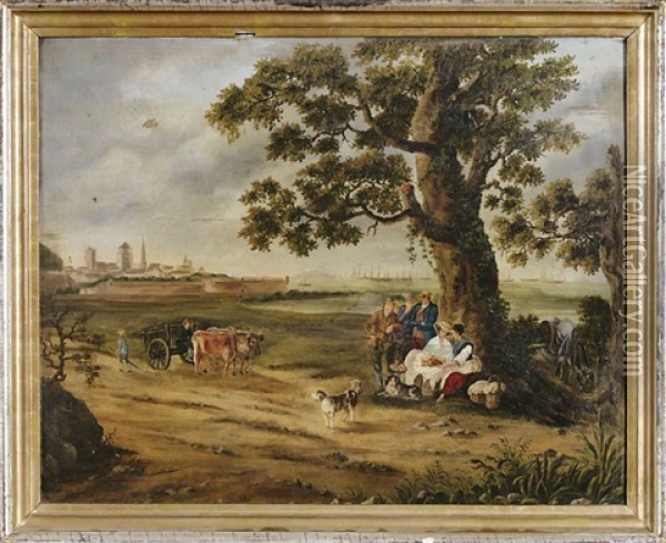 Landschaft Mit Kaufleuten, Im Hintergrund Der Hafen Von Livorno Oil Painting - Jacob Philipp Hackert