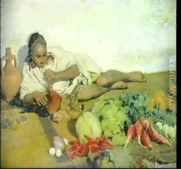 Junger Orientalischer Gemuseverkaufer Oil Painting - Jules Girardet