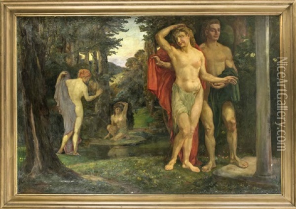 Monumentalgemalde Dreier Frauen Und Eines Mannes Beim Bad Im Waldstuck Oil Painting - Arthur Michaelis