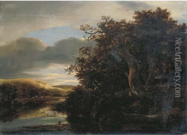 A Wooded River Landscape With Travellers On A Path Oil Painting - Jacob Van Ruisdael