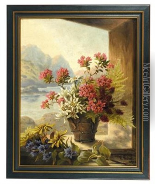 Stillleben Mit Alpenblumen Oil Painting - Pauline Halmrecte Flechner