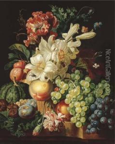 Lilies, Carnations And A Poppy In A Basket With Grapes Oil Painting - Paul-Theodor Van Brussel
