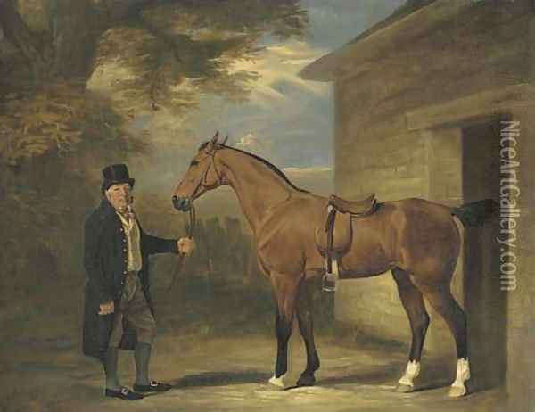 A gentleman with a bay hunter outside a stable Oil Painting - John Snr Ferneley