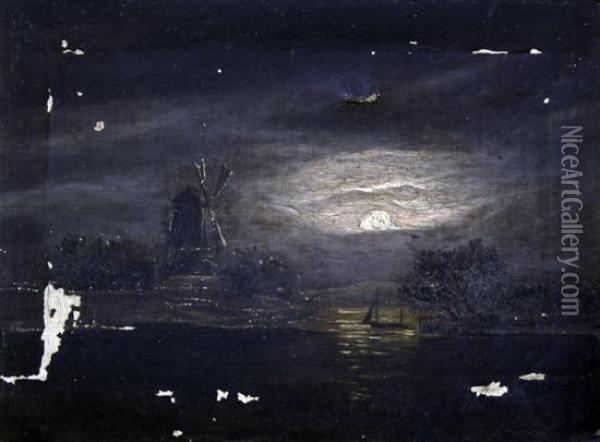 Moonlit Coast With Windmill Oil Painting - Sebastian Pether