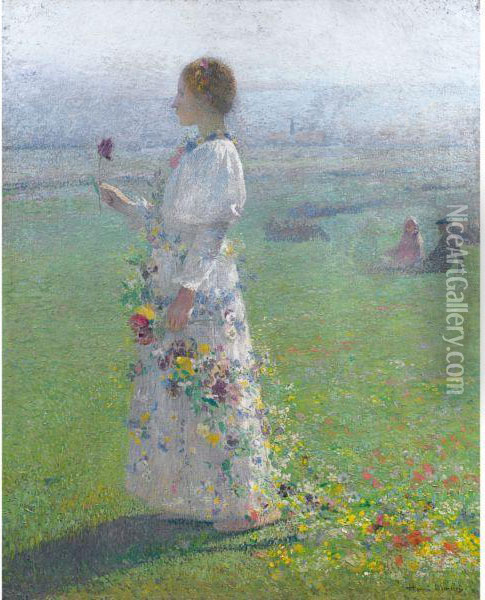 Belle Jeune Fille Marchant A Travers Les Champs Une Fleur A Lamain Oil Painting - Henri Martin