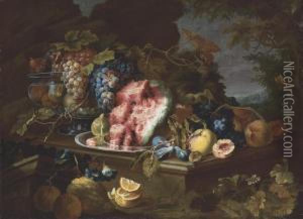 Lemons, Pears, A Fig, A Watermelon, Plums, And Grapes In A Metalvessel On A Stone Table Oil Painting - Maximillian Pfeiler