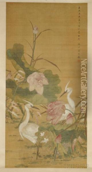 Two Cranes With Lotus Flowers And Leaves, Oil Painting - Jiang Tingxi