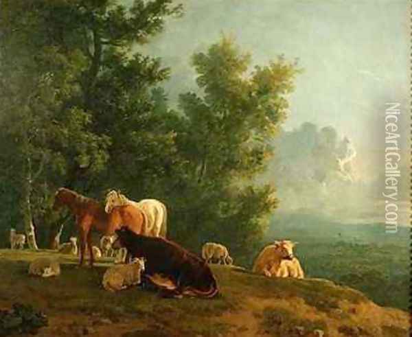 Horses and Cows in a Landscape Oil Painting - S. & Barrett, G. Gilpin