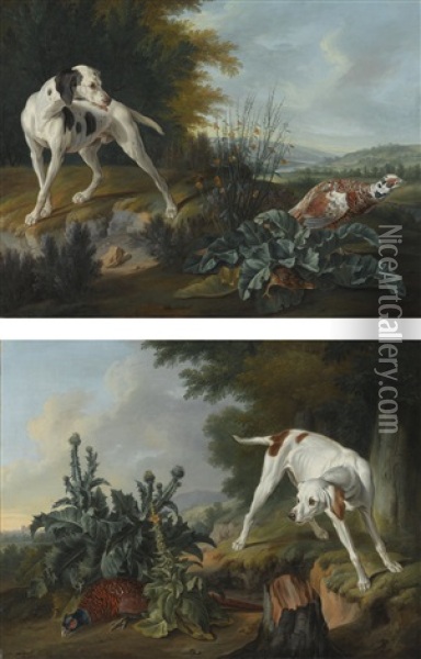 A Pointer Poised In Front Of A Pheasant And A Partridge, Set In An Extensive River Landscape; A Pointer Beside A Peasant And Foliage, Set In A Landscape Oil Painting - Alexandre Francois Desportes