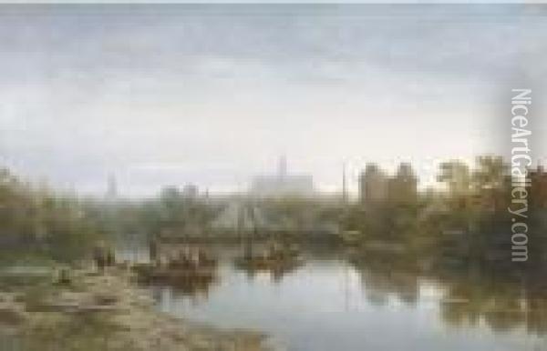 Crossing A Canal At Dusk On The Outskirts Of A Town Oil Painting - Salomon Leonardus Verveer