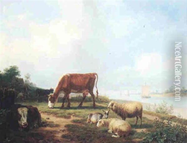 Weidende Tiere Am Flusufer Oil Painting - Friedrich Karl Joseph Simmler