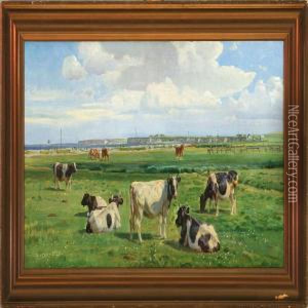 Cows And Horses On A Field Oil Painting - Rasmus Christiansen
