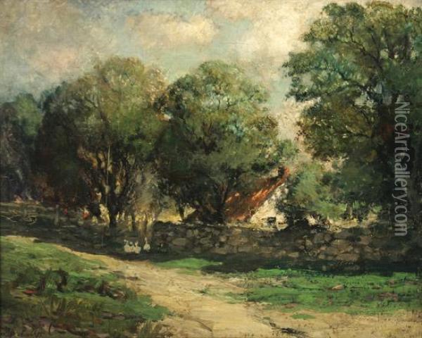 Country Cottage With Stone Wall Oil Painting - Charles P. Appel