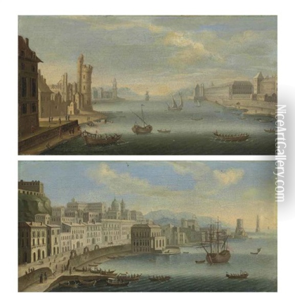 A View Of The Riviera Di Chiaia, Naples, With The Palazzo Reale, San Vincenzo...(+ A View Of The Seine, Paris, With The Tour De Nesle...; Pair) Oil Painting - Orazio Grevenbroeck