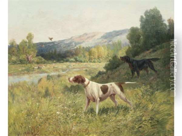 Two Pointers In A Landscape Oil Painting - Eugene Petit