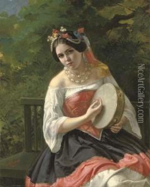 Portrait Of A Young Lady In Costume Playing A Tambourine Oil Painting - Kapiton Fedorovich Turchaninov