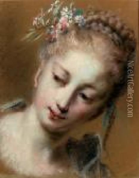 Tete De Jeune Fille Avec Des Fleurs Dans Ses Cheveux Tresses Oil Painting - Rosalba Carriera