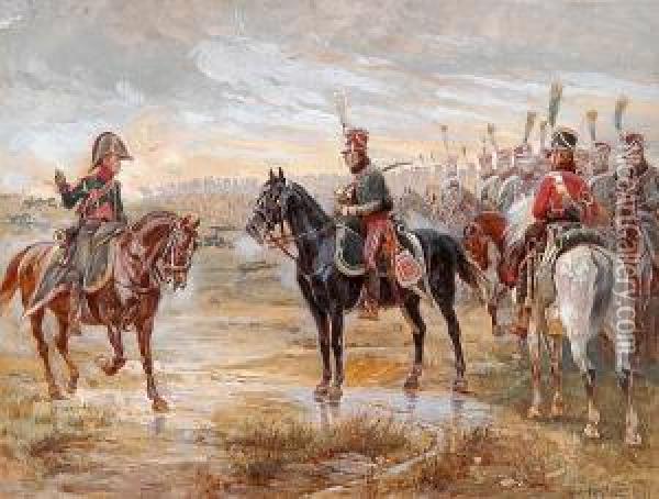 Officers On Horseback Amid A Battlefield Scene Oil Painting - Alphonse Lalauze