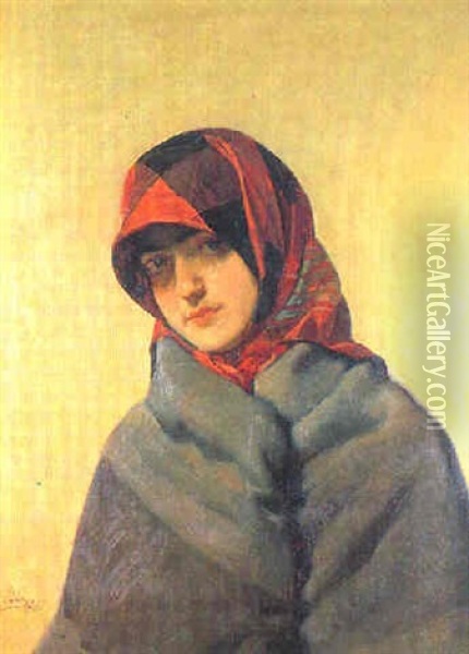 Mujer Joven Arropada Con Manta Y Panuelo Oil Painting - Emilio Sala Frances