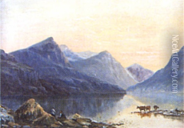 Lake Scene, North Wales Oil Painting - J. Laurence Hart