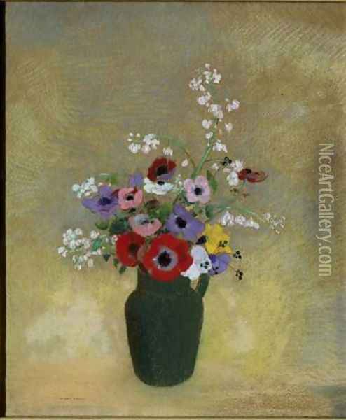 Large Green Vase with Mixed Flowers Oil Painting - Odilon Redon