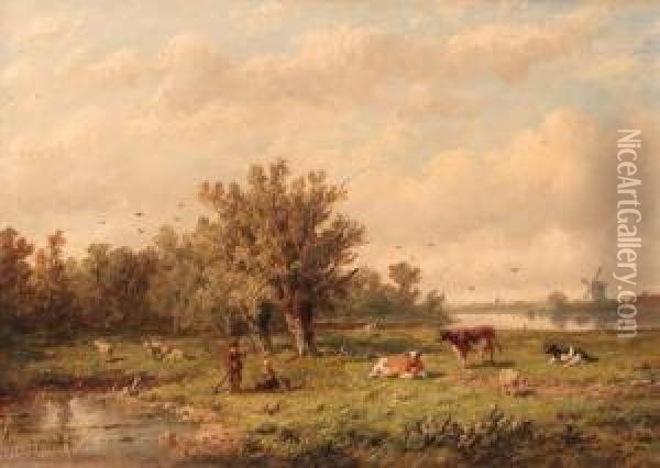 A Landscape With A Peasant Couple And Cattle Oil Painting - Anthonie Jacobus Van Wyngaerts