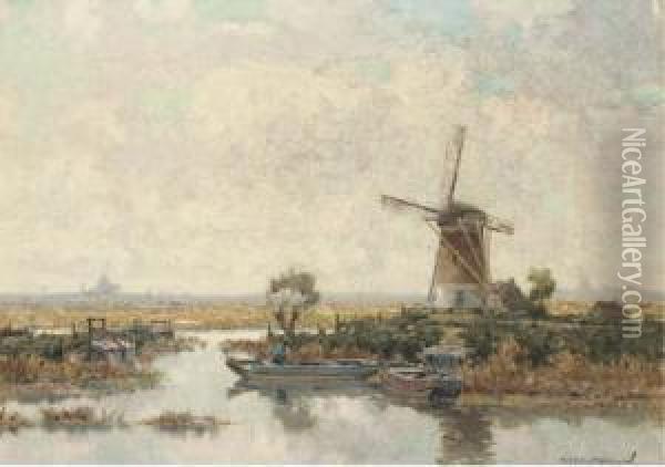 Bij Voorschoten: Windmill In A Polder Landscape Oil Painting - Gerardus Johannes Delfgaauw