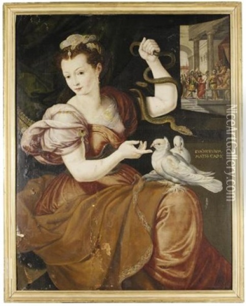 An Allegory Of Innocence Or Prudence With A Woman Holding Two Serpents And Two Doves On Her Knee, With Christ Before Pilate Beyond Oil Painting - Frans Floris the Elder