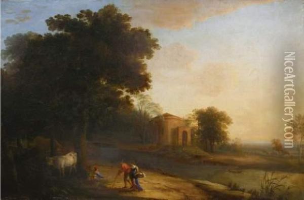 Paysage A La Riviere Avec Des Villageois En Chemin Et Un
Patre Oil Painting - Claude Lorrain (Gellee)