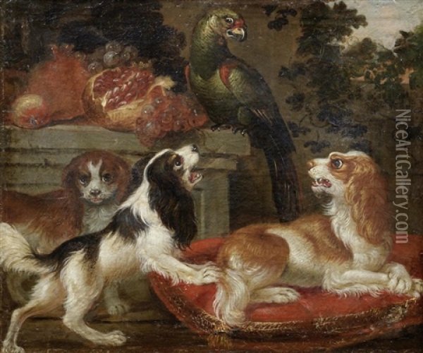 Dogs And A Parrot In A Landscape Oil Painting - Pier Francesco Cittadini